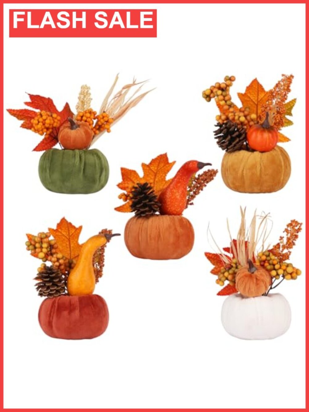 5PCS Artificial Pumpkins Fall Thanksgiving Decor 7" Maple Leaves Pine Cones